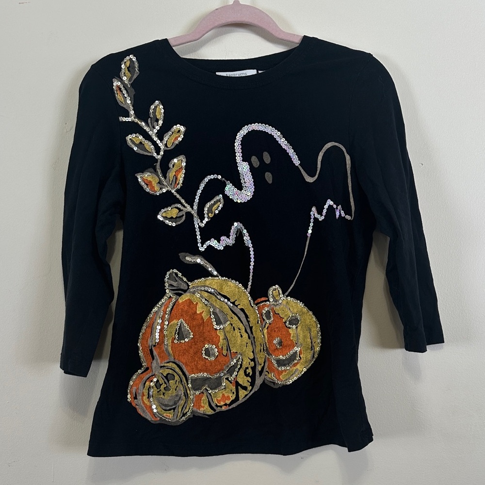 Tantrums Black Long Sleeve Tee with Ghost and Pumpkin Design